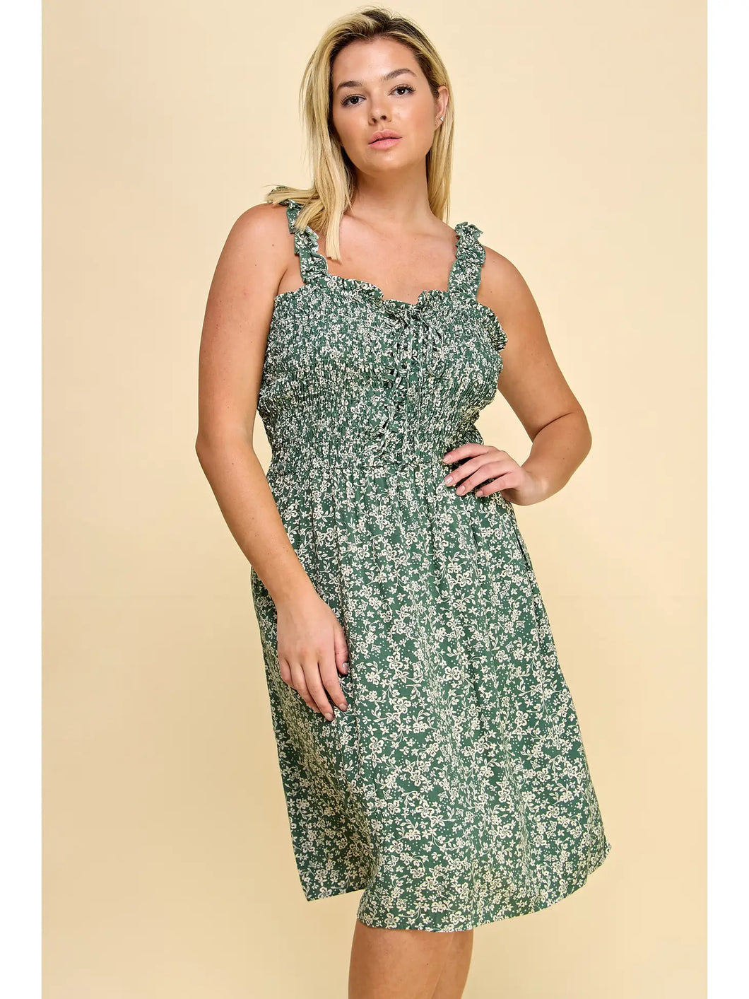 Green Floral Smock Detail Lace Up Detail Dress - Athena's Fashion Boutique