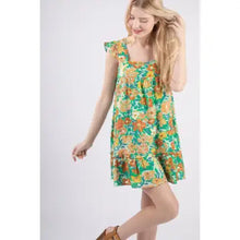 Load image into Gallery viewer, Green Flare A-Line Floral Woven Mini Dress
