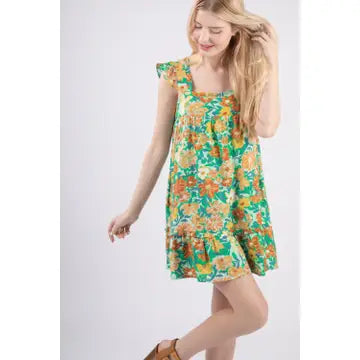 Green Flare A-Line Floral Woven Mini Dress