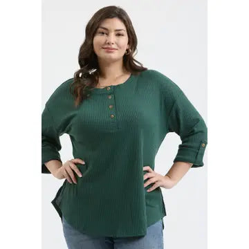 Hunter Green 3/4 Tab Sleeve Henley Knit Plus Top