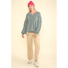 Load image into Gallery viewer, Green Plus Size Two Tone Otto Ribbed V-Neck Knit Top
