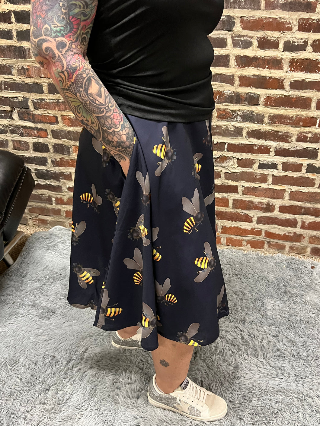 Bee Print Navy Swing Skirt - Athena's Fashion Boutique