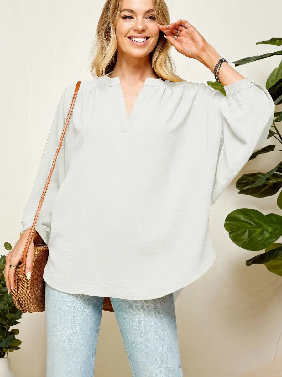 Ivory Women Solid Split Neckline Batwing 3/4 Sleeve Top