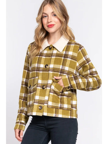 Olive and Brown Long Sleeve Faux Fur Collar Plaid Shacket