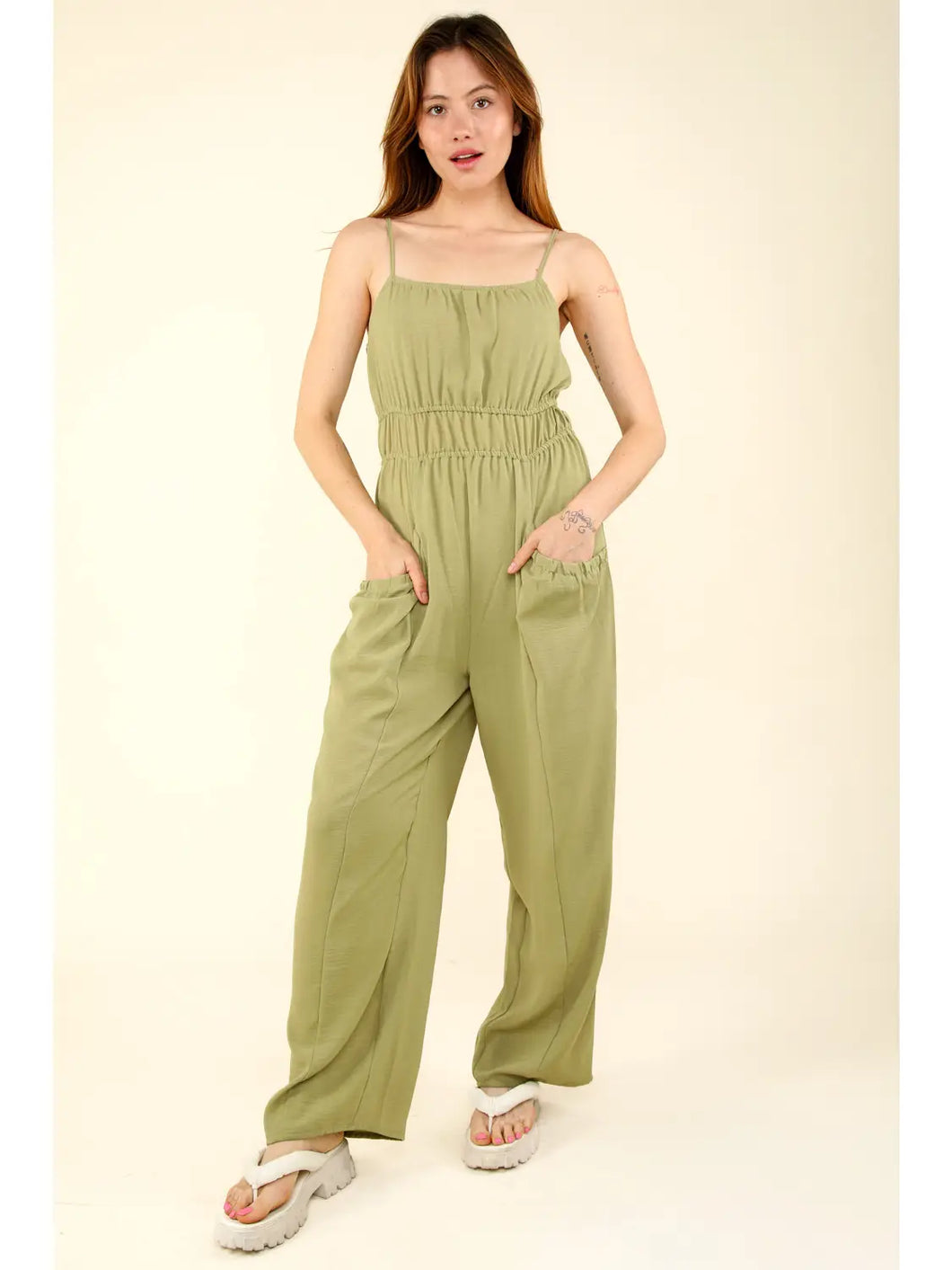 Sage Front Pintuck Detail Solid Woven Jumpsuit