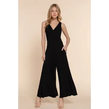 Black Sleeveless Double V-Neck Surplice Knit Jumpsuit