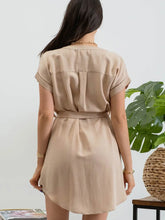 Load image into Gallery viewer, Khaki Solid Split Neck Belted Mini Dress
