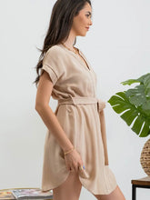 Load image into Gallery viewer, Khaki Solid Split Neck Belted Mini Dress
