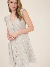 Load image into Gallery viewer, Khaki Stripe V Neck Button Down Tiered Mini Dress
