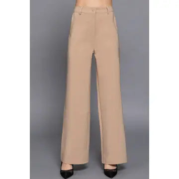 Taupe One Button Back Elastic Detail Straight Woven Long Pants