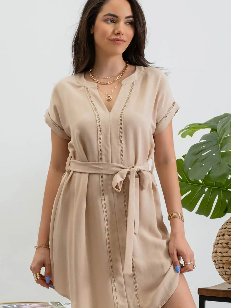 Khaki Solid Split Neck Belted Mini Dress