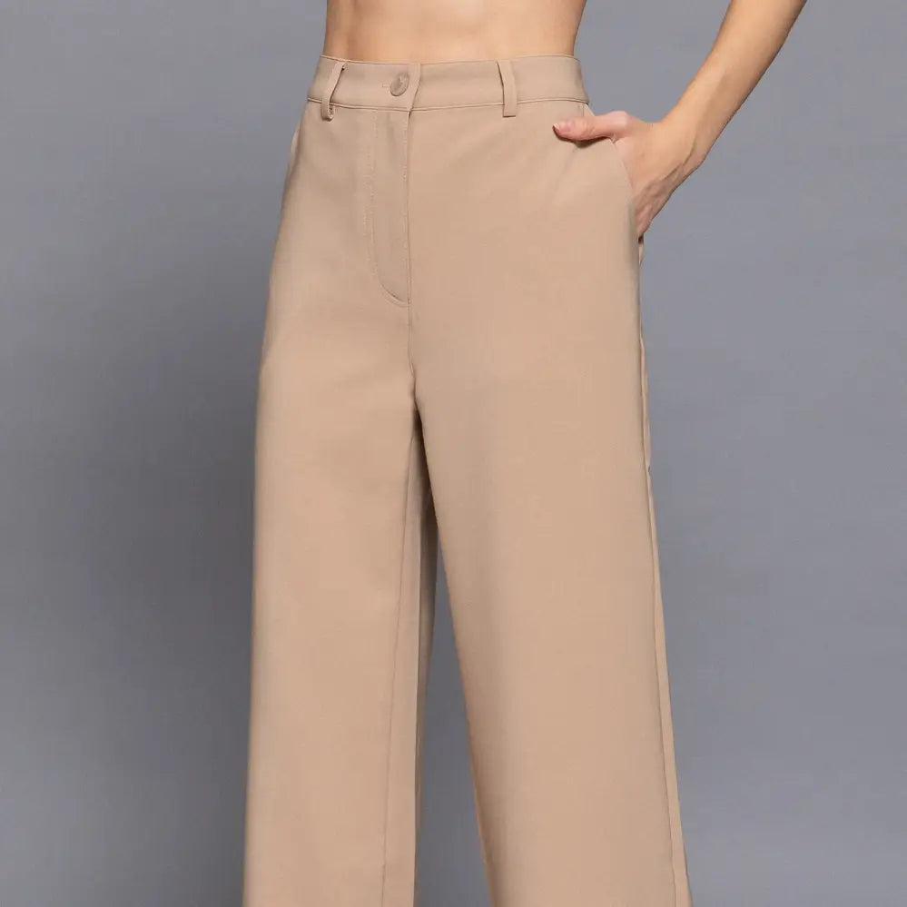 Taupe One Button Back Elastic Detail Straight Woven Long Pants