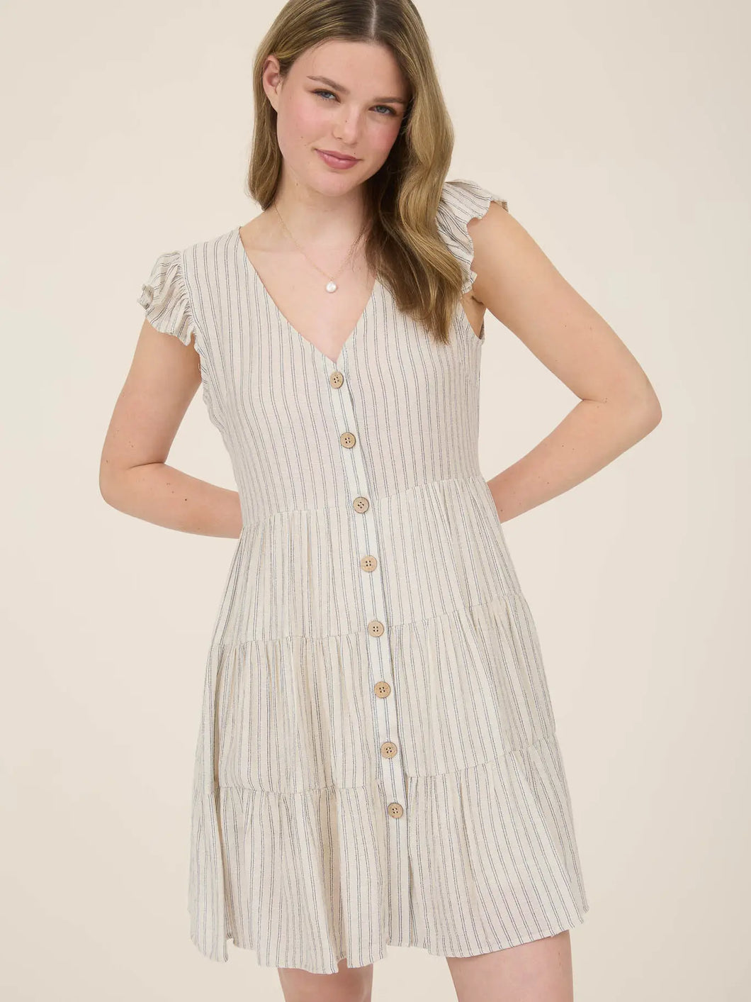 Khaki Stripe V Neck Button Down Tiered Mini Dress