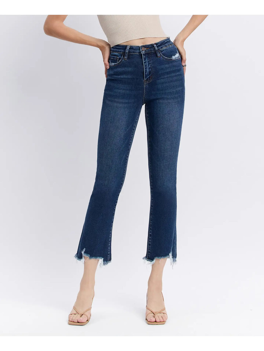 High Rise Dark Denim Distressed Hem Kick Flare Jeans