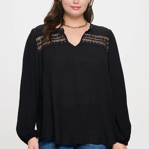 Women's Black Plus Split Neck Eyelet Trim Long Sleeve Knit Top