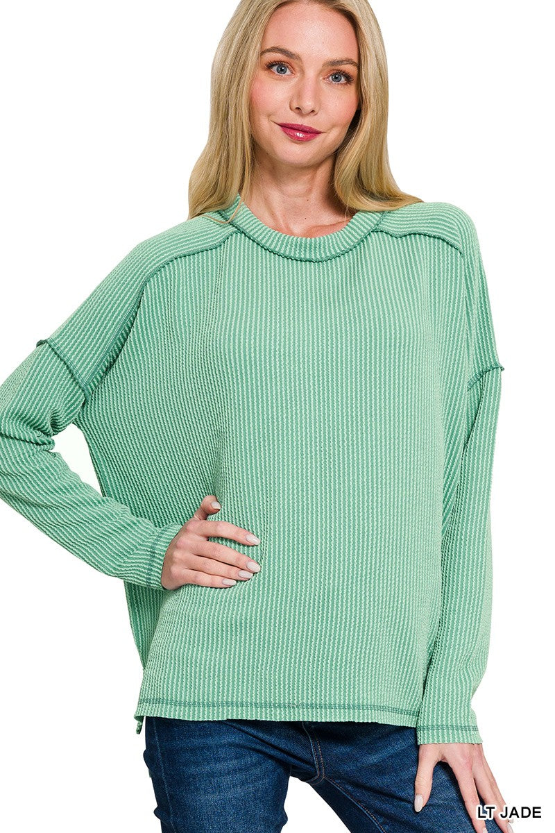 Jade Raised Rib Raw Edge Boat Neck Long Sleeve Top
