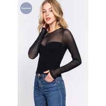 Load image into Gallery viewer, Black Long Sleeve Round Neck Mesh Combination Seamless Top
