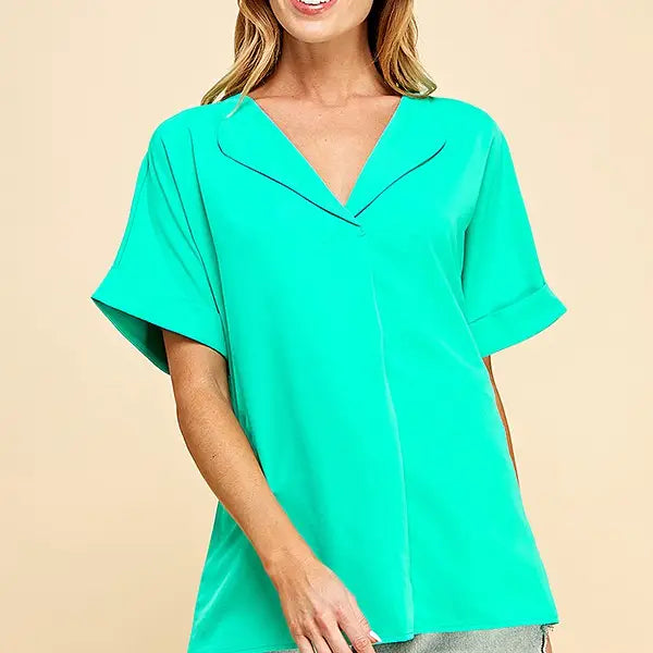 Mint Women's Solid Collared Short Sleeve Loose Boxy Top