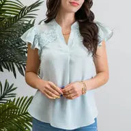 Mint Shoulder Lace Patch Woven Top - Athena's Fashion Boutique