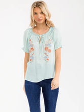 Load image into Gallery viewer, Women's Short Sleeve V-Neck Front Tie Embroidery Floral Blouse 
