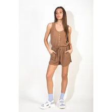 Load image into Gallery viewer, Mocha Metal Snap Button Down Romper with Pockets
