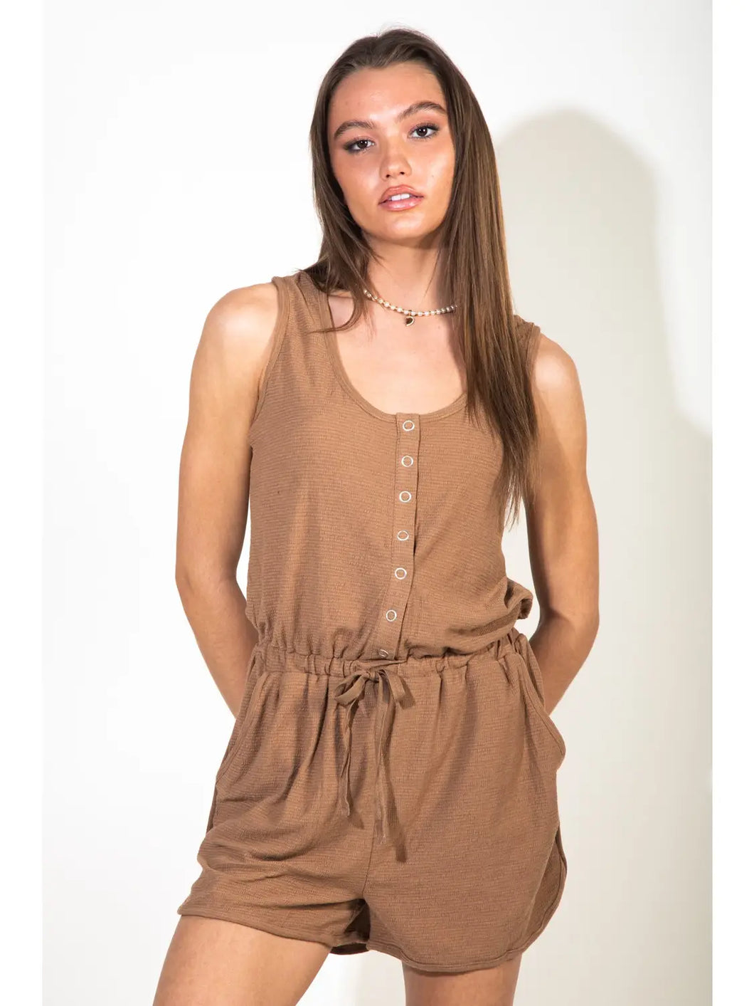 Mocha Metal Snap Button Down Romper with Pockets