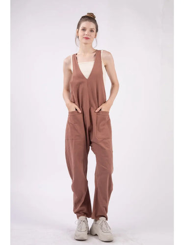 Mocha Casual Loose Fit Solid Knit Baggy Jumpsuit