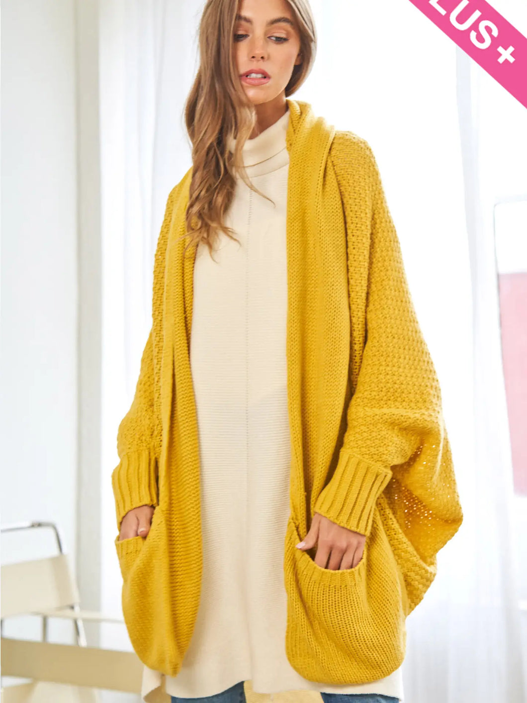 Mustard Knit Dolman Sleeves Cardigan