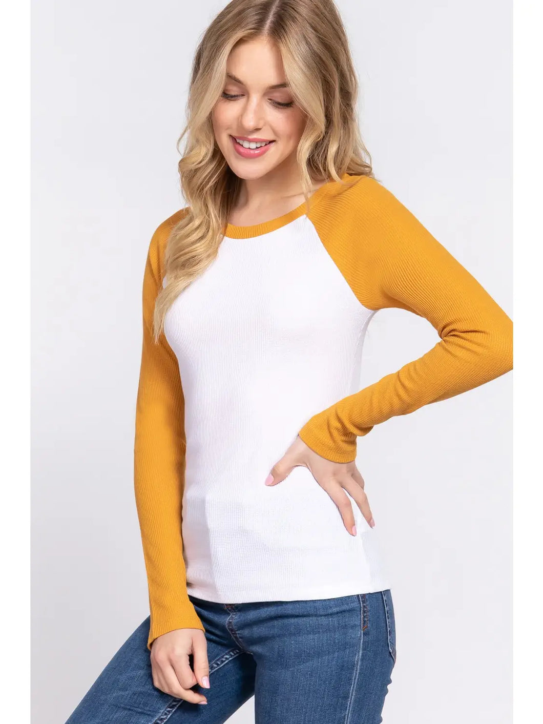 Mustard and White Long Raglan Sleeve Color Block Thermal Knit Top