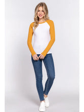 Load image into Gallery viewer, Mustard and White Long Raglan Sleeve Color Block Thermal Knit Top
