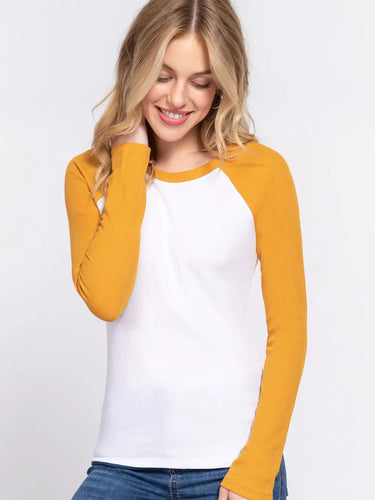 Mustard and White Long Raglan Sleeve Color Block Thermal Knit Top