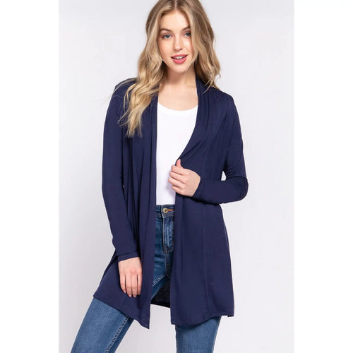 Women's Navy Long Sleeve Front Open Rayon Jersey Long Cardigan