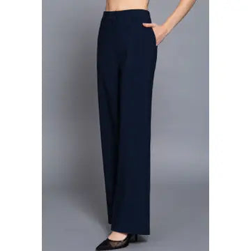 Navy One Button Back Elastic Detail Straight Woven Long Pants