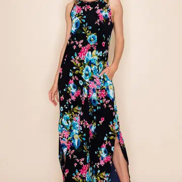 Plus Size Floral Print Maxi Slit Dress with Pockets