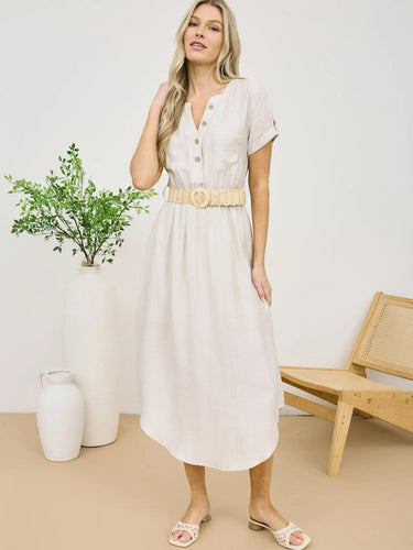 Oatmeal Half Button Short Sleeve Belted Midi Shirt Dress