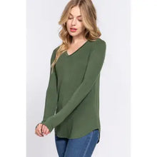 Load image into Gallery viewer, Olive Green Long Sleeve V-Neck Rayon Spandex Jersey Top
