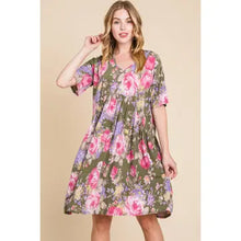 Load image into Gallery viewer, Women&#39;s Olive Floral Shirred Waist Dress
