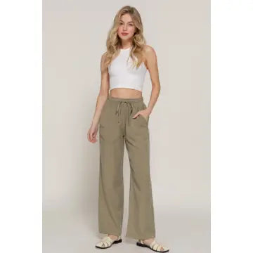 Olive Elastic Waist Tencel Long Pants