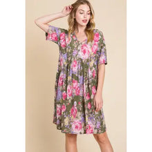 Load image into Gallery viewer, Women&#39;s Olive Floral Shirred Waist Dress
