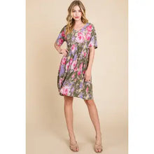 Load image into Gallery viewer, Women&#39;s Olive Floral Shirred Waist Dress
