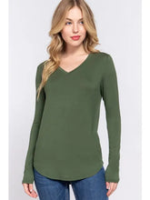 Load image into Gallery viewer, Olive Green Long Sleeve V-Neck Rayon Spandex Jersey Top
