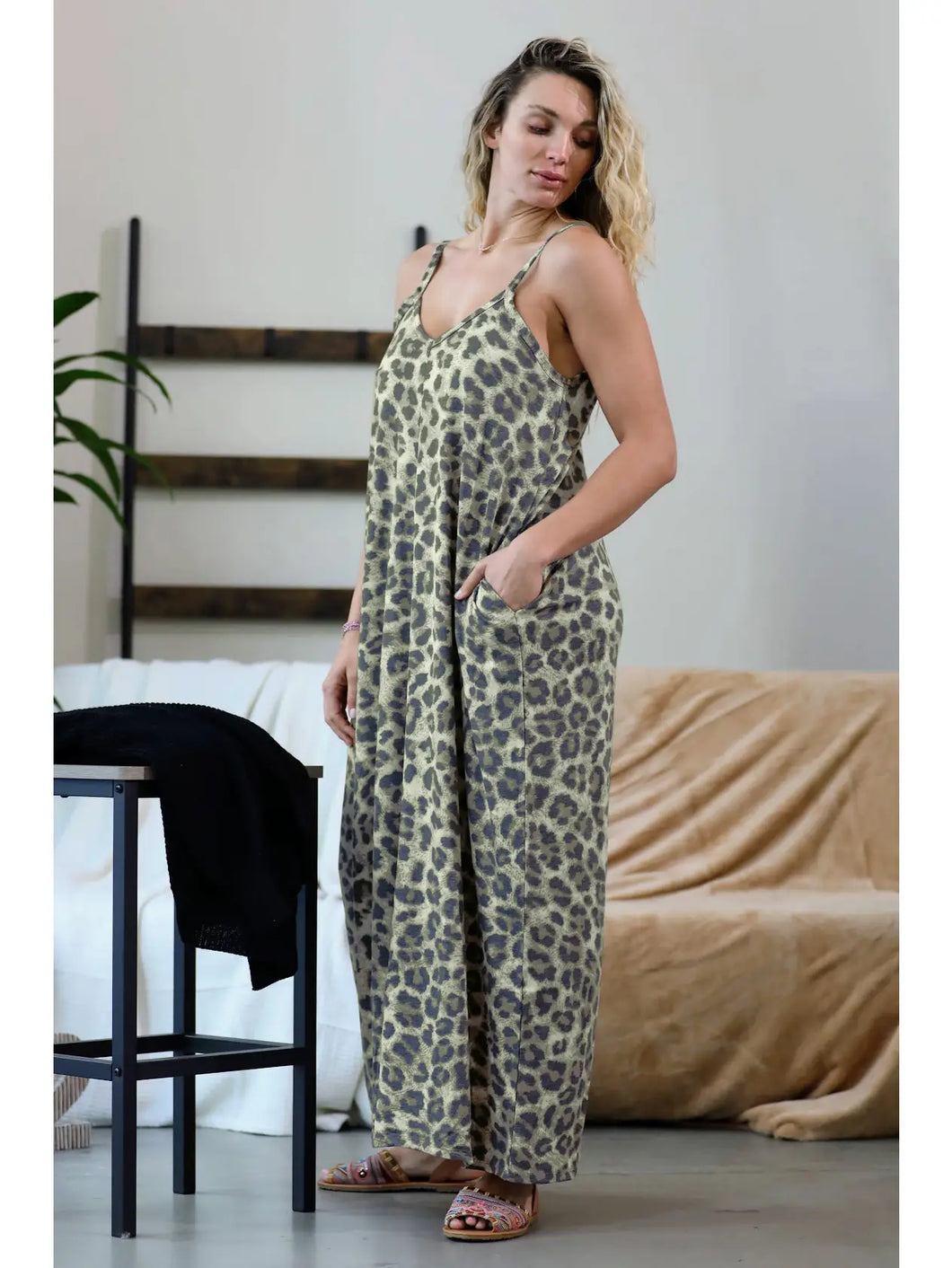 Soft French Terry Leopard Cami Maxi Dress with Pockets - Athena's Fashion Boutique