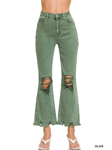 Olive Acid Washed High Waist Distressed Straight Pants - Athena's Fashion Boutique