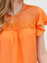 Load image into Gallery viewer, Orange Mesh Crochet Yoke Ruffle Sleeve Blouse - Athena&#39;s Fashion Boutique
