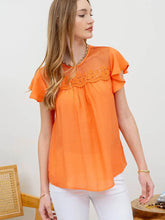 Load image into Gallery viewer, Orange Mesh Crochet Yoke Ruffle Sleeve Blouse - Athena&#39;s Fashion Boutique
