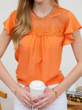 Load image into Gallery viewer, Orange Mesh Crochet Yoke Ruffle Sleeve Blouse - Athena&#39;s Fashion Boutique
