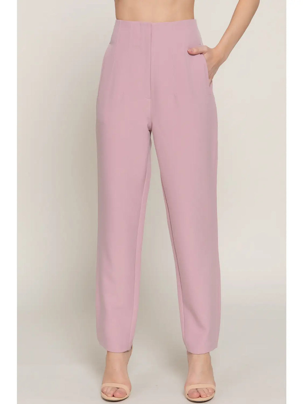 Pale Pink High Waist Pintuck Detail Long Pants