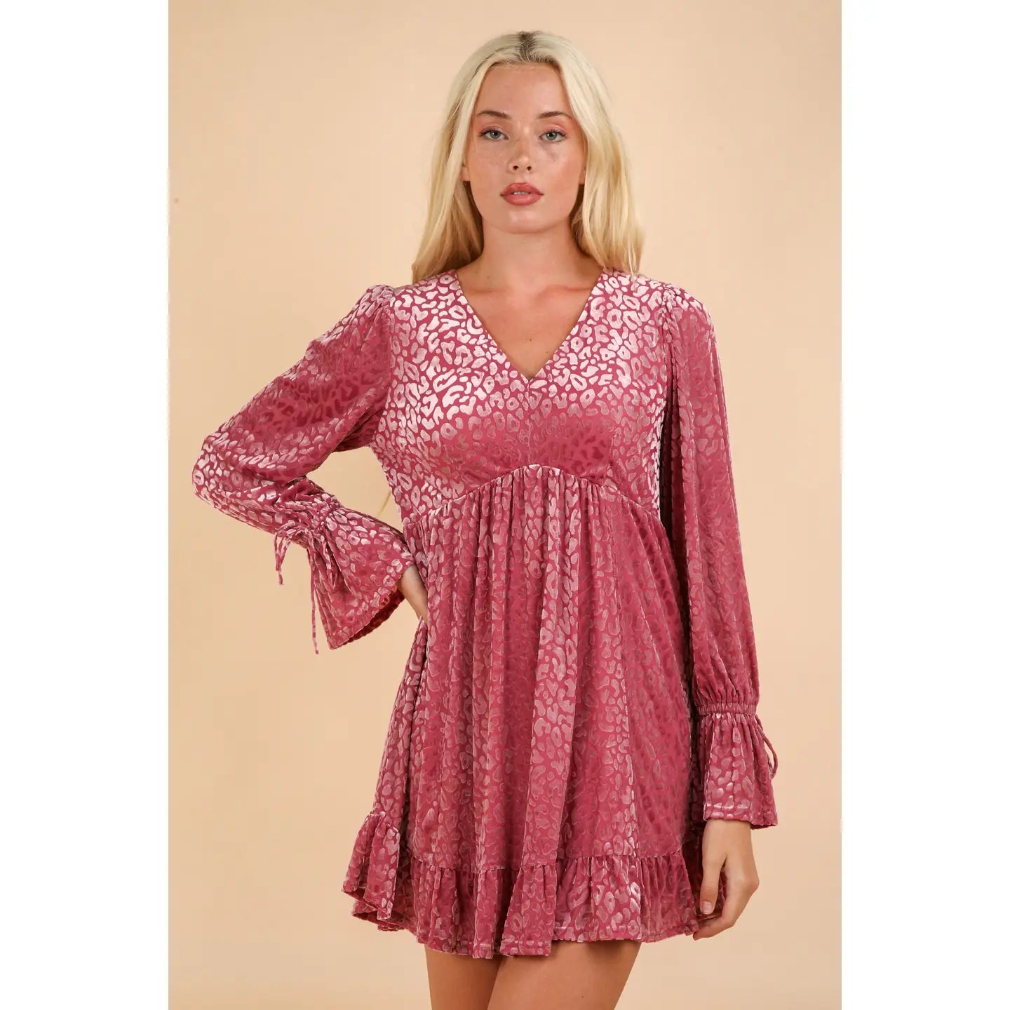 pink leopard print mini dress Pink Leopard Velvet Ruffled Holiday Mini Dress Large