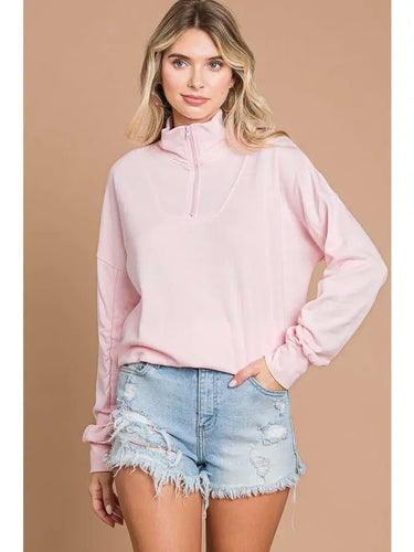 Pink Loose Fit High Neck Ruching Sleeve Sweatshirt