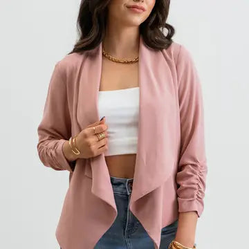 Dusty Pink 3/4 Rouched Sleeve Blazer